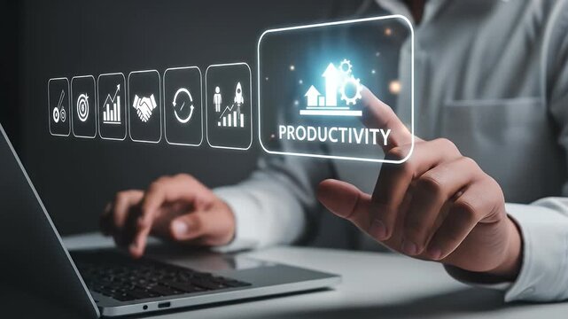 Process to increase productivity concept. Businessman use laptop with productivity icon for industrial management in efficiency and efficient process. Lean cost and productivity growth.