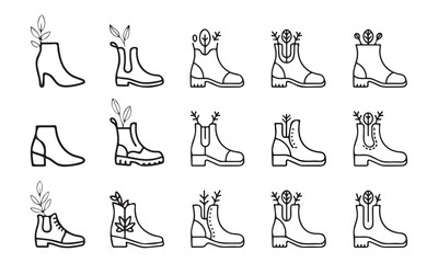  Fall Boots with Plants Line Art Icons silhouette vector illustration.