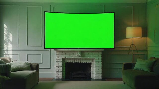 TV with #00FF00 screen in front of a fireplace in cozy dark living room, soft lamp light and couch ambience 