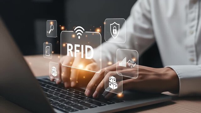 RFID, Radio Frequency Identification concept. Electronic data storage system that enhances computational capabilities and data security.