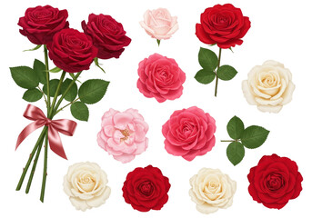 Collection of beautiful red pink and white roses with green leaves and a ribbon isolated on transparent background