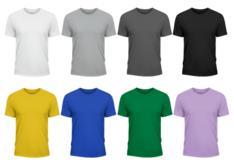 Collection of eight different colored plain t shirts displayed in two rows isolated on transparent background