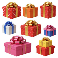 Obraz premium Collection of festive gift boxes with colorful wrapping paper and ornate bows isolated on transparent background