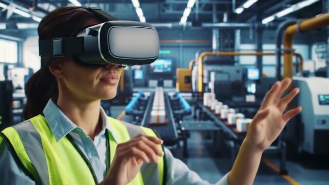 VR Factory Innovation: Female Engineer Navigates Virtual Industrial Environment.