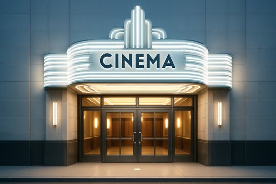 Retro-style cinema building with illuminated signage and art deco architecture glowing at night on a clean urban background scene. Ai generative