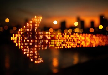 Glowing binary code arrow against city bokeh