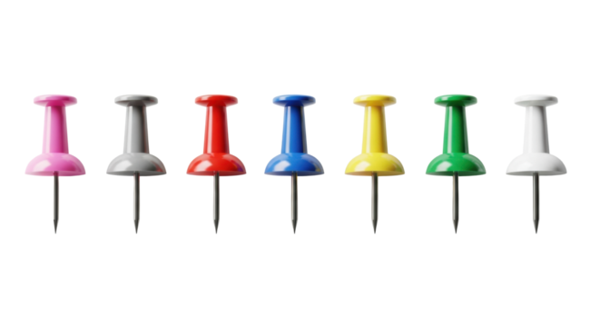 Individual vibrant plastic head pushpins (pink, silver, red, blue, yellow, green, white) with metallic pins, uniform, in a straight row on transparent, soft studio light, subtle shadows, macro, - Powered by Adobe