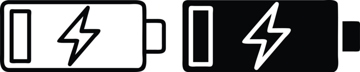 Fototapeta premium Low Battery Charging Icon Set – Vector Power Energy Symbol with Lightning in Black and White