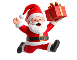 Cartoon Santa with big smile and neatly wrapped gift in hand isolated on transparent background PNG.jpg
