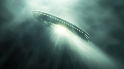 Obraz premium Mysterious UFO Sighting: An Unidentified Flying Object Hovering in a Foggy Atmosphere