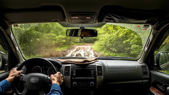 Man drives through muddy forest road, splashing water and mud on the windshield, showing challenging off-road conditions footage.