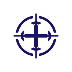 Fototapeta premium Futuristic abstract cross and sword symbol inside circular border, modern vector logo design, minimal tech emblem on dark background
