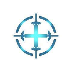 Obraz premium Futuristic abstract cross and sword symbol inside circular border, modern vector logo design, minimal tech emblem on dark background