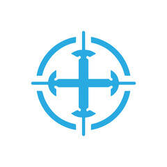 Futuristic abstract cross and sword symbol inside circular border, modern vector logo design, minimal tech emblem on dark background