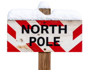 Classic red and white striped North Pole directional sign with wooden post isolated on transparent background PNG