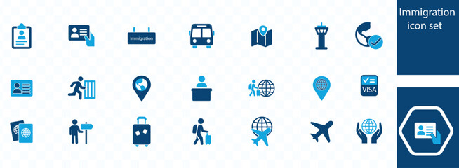 Immigration icon set. Contains such icons as visa, passport, migrant, customs officer, international flights, country, border crossing, airport, illegals, baggage examination, 