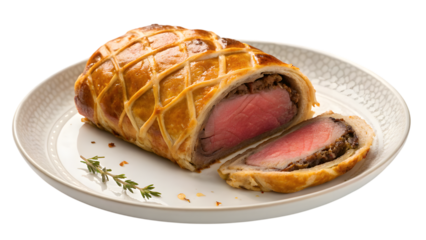 beef wellington on a white plate, a delicious breakfast pastry
