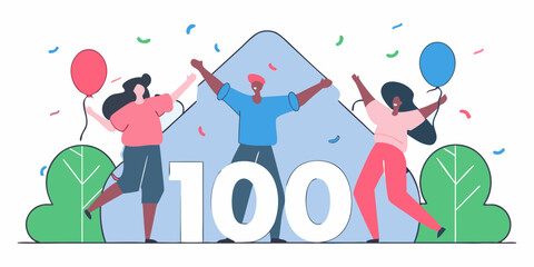 Obraz premium Three diverse people celebrate a milestone achievement with balloons confetti and the number one hundred in a festive outdoor setting