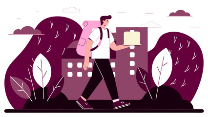 Young man with a large pink backpack walking through a stylized city with buildings and trees carrying a cake in his hand