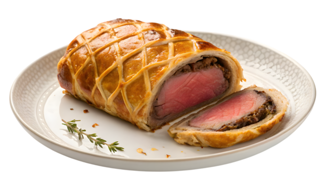 beef wellington on a white plate, a delicious breakfast pastry