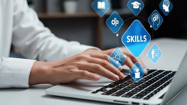 Up skill and personal development concept. Human resource development, leadership thinking upskill competency, creativity and problem solving. Person using laptop with skills icon on virtual screen.