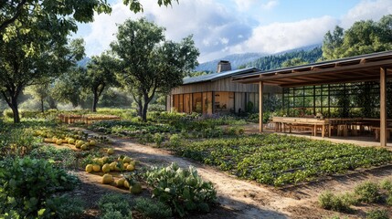Fototapeta premium Tranquil Farm House nestled in the Valley