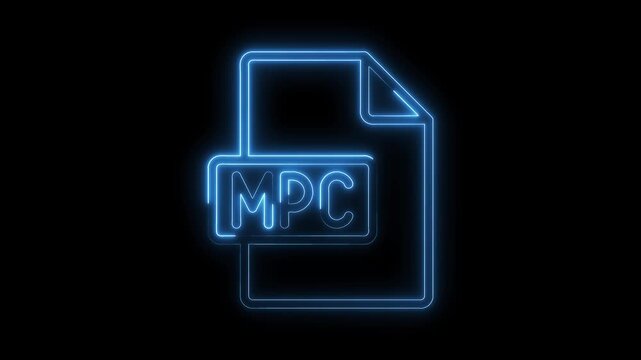 Glowing blue neon M P C file icon animation on transparent black background futuristic digital technology