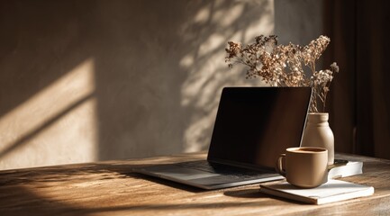 A rustic wooden desk bathed in sunlight, featuring a laptop, a mug of coffee, a book, and dried flowers in a vase.  The scene evokes a calm, productive atmosphere