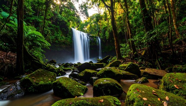 Lush rainforest waterfall cascading over moss-covered rocks