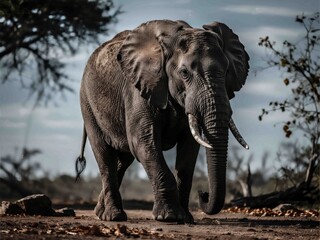 Fototapeta premium A majestic African elephant walking confidently through a natural wilderness. Captured with dramatic lighting and detailed texture, this wildlife photograph showcases strength and serenity in a natura