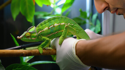 Caring veterinary professional examines a green chameleon in a clinic setting