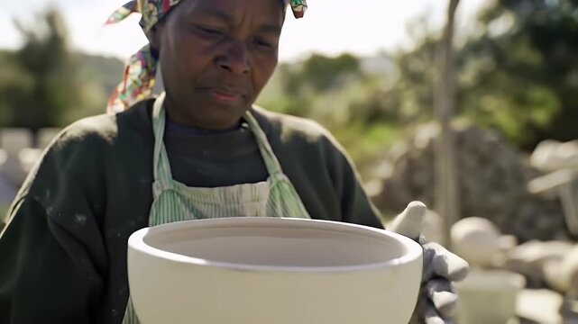 Older Woman in Headscarf and Striped Apron Holding a Large White Bowl in an Outdoor Setting