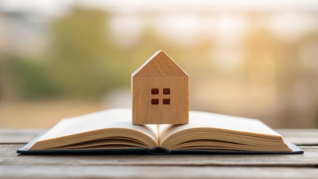 Wooden house block resting on an open book — knowledge and education in real estate
