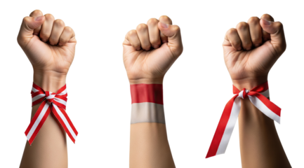 set of Celebrating Indonesian Independence Day or national day, featuring hand holding and grabbing the Indonesian flag, transparent Background.