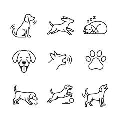 Collection of Black and White Vector Dog Illustrations, Simple Line Art Drawings of Dogs in Various Poses and Activities