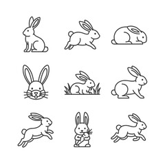 Obraz premium Collection of Nine Minimalist Line Art Rabbit Illustrations, Cute Bunny Icons for Easter and Springtime Designs