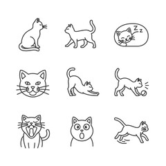 Collection of adorable cat icons in various poses, Simple and cute line art illustrations of playful and sleepy felines