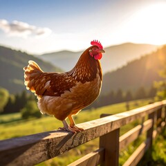 Farm hen on a wooden fence at sunset