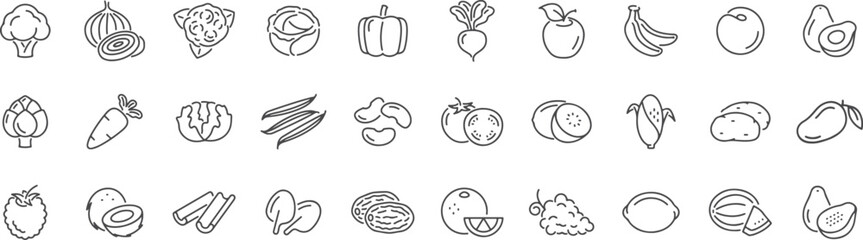 Fruit Icon Set – Fresh Produce, Healthy Food, Organic Fruits, Nature, Nutrition, Vitamins, Vegan Lifestyle, Seasonal Harvest

