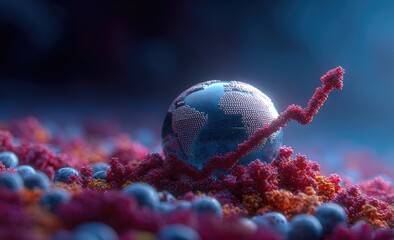 A glass globe rests on a textured, red surface, with an upward-trending graph rising beside it, suggesting growth or progress against a dark, moody backdrop