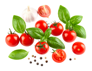 Fresh cherry tomatos, basil, garlic and spices isolated on transparent png