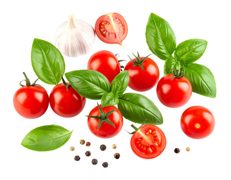 Fresh cherry tomatos, basil, garlic and spices isolated on transparent png