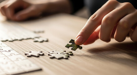 Connecting the final piece. A person's hand assembling a jigsaw puzzle on a wooden table, a metaphor for problem-solving.