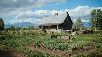 Rustic Farmhouse Amidst Blooming Garden and Majestic Mountain Backdrop