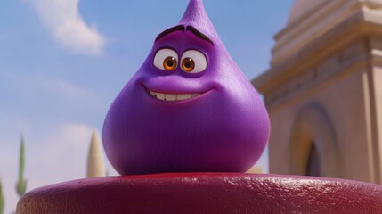 Cartoon purple blob character, smiling, on a red cake-like base, against a backdrop of architecture.