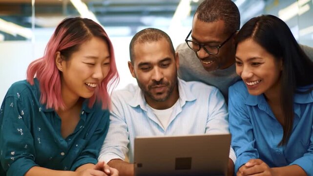 Dynamic Diverse Team Collaborating and Laughing in Modern Office Setting.