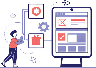 Person interacting with digital interface elements screen technology