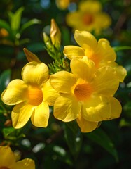 Bright yellow flowers in bloom, sunlight highlights petals