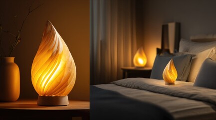 Obraz premium A split image showcasing a unique, teardrop-shaped table lamp with warm, ambient light, displayed on a nightstand and in a dimly lit bedroom setting