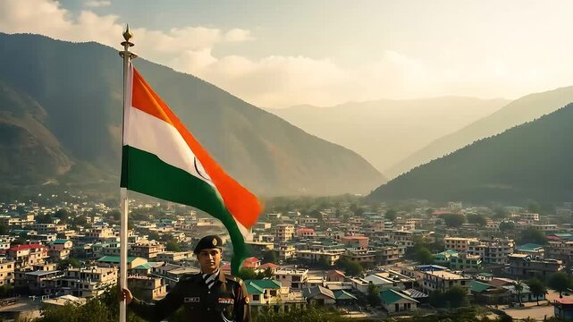 independeance in india indian soldier with flag overlooking mountain town